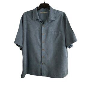 Caribbean Mens Button Down Size 2XB Embossed Blue Short Sleeve Hawaiian Casual